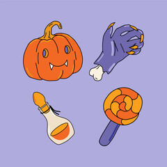 Halloween Elements icon Set. Cute cartoon spooky characters. Hand drawn trendy illustration.