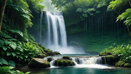 The soothing sounds of a cascading waterfall. The gentle flow of the waterfall, surrounded by lush greenery, creates a calm and refreshing atmosphere. Generative AI, Generative, AI
