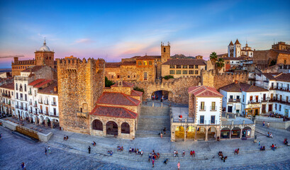 Plaza Mayor of Caceres at sunset, overhead view.