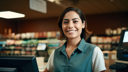 Portrait of hispanic smiling woman working as cashier at supermarket checkout and looking at camera.