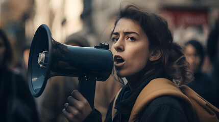 Young caucasian woman hold megaphone and protesting in city. Concept revolution or demonstration, female activist protesting, strike with group banner