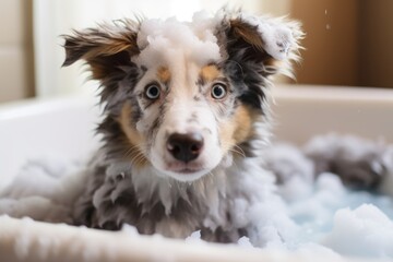 Fluffy funny dog is washed in the shower. Happy smiling pet in blue bathroom. Hygiene and grooming for pets. Cute and wet border collie puppy. Animal care - obrazy, fototapety, plakaty
