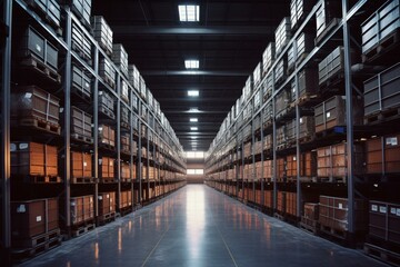 A large warehouse with metal shelving holding many containers. Generative AI