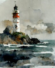 Crozon Coast Bretagne a lighthouse Boat Elements Trees drawing with grey watercolor 