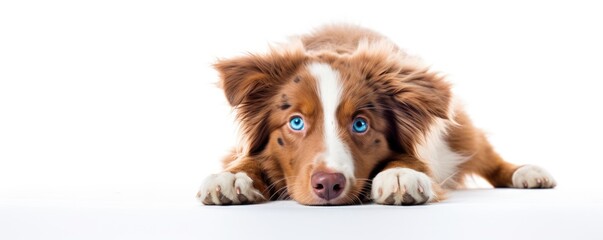 Cute adorable dog with blue eyes liying on white background. Australian shepherd or border collie breed. Best friend. Pet care and animals concept. Design for banner, card, poster
