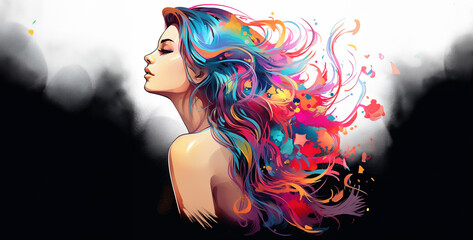 illustration of beautiful woman side profile view, woman with hair. Generative Ai content wallpaper