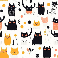 Seamless pattern with cute cartoon cats and hearts. Vector illustration.