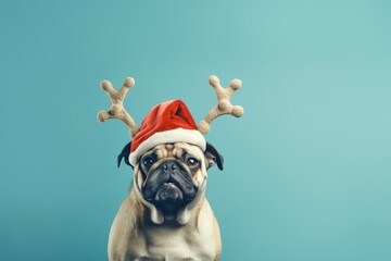 Dog wearing reindeer antlers headband and santa claus hat on clear teal blue background. New year...