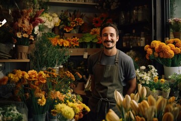 happy character flower store worker next to many colorful flowers, concept work