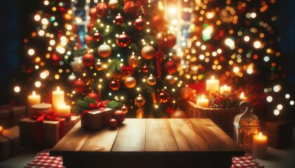 Fototapeta na wymiar Christmas Table with Festive Bokeh