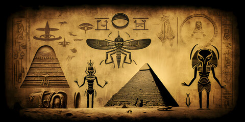 Egyptian hieroglyphs, Egypts people worship aliens UFO flying saucers. Generation AI. - obrazy, fototapety, plakaty