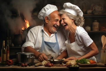 Happy senior couple cooking together in the kitchen at home, Illustration, ai generative - obrazy, fototapety, plakaty