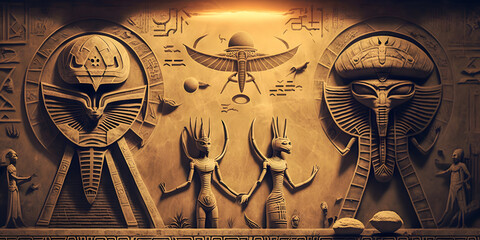 Egyptian hieroglyphs, Egypts people worship aliens UFO flying saucers. Generation AI. - obrazy, fototapety, plakaty