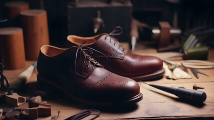 Craftsman make shoe from grain leather on workplace. Shoemaker performs shoes in studio craft