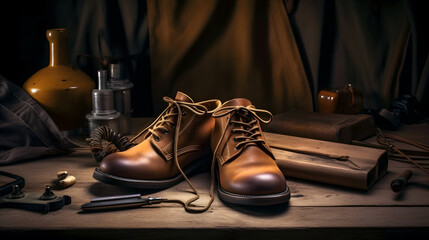 Craftsman make shoe from grain leather on workplace. Shoemaker performs shoes in studio craft