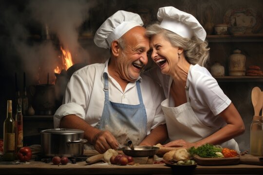 Happy senior couple cooking together in the kitchen at home, Illustration, ai generative
