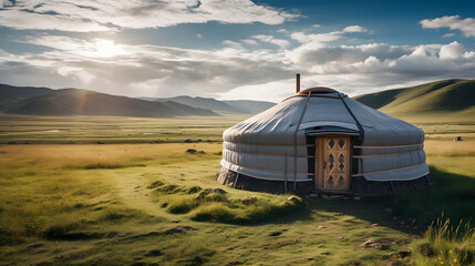 Yurt National old house of asian peoples. Kazakhstan yurta on summer background of green meadows and highlands - obrazy, fototapety, plakaty