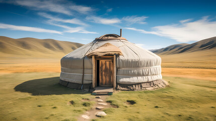 Yurt National old house of asian peoples. Kazakhstan yurta on summer background of green meadows and highlands