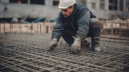 Worker prepares reinforcement for foundation. Concrete pouring during commercial concreting floors of building - obrazy, fototapety, plakaty
