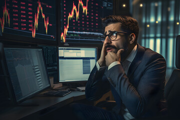 A thoughtful man at a desk analyzes financial data on multiple screens