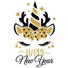Happy New Year vector illustration with unicorn face. Girls New Year design isolated good for greetings cards, poster, print, sticker, invitations, baby t-shirt, mug, gifts.