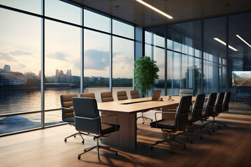 Modern office boardroom interior overlooks a serene riverside cityscape at dusk