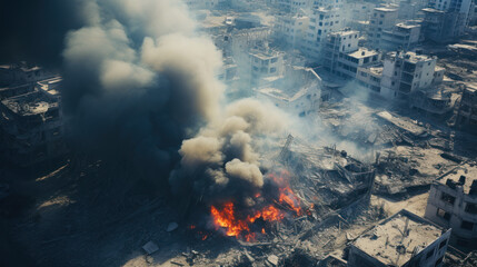 Devastating fire against a devastated cityscape in the aftermath of an air strike