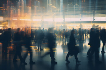 Blurred silhouettes of people walking against illuminated background



