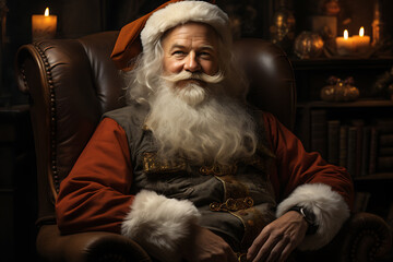 Obraz premium Surprised Santa Claus in a beautiful room next to the fireplace and Christmas tree sits with a sack of gifts 