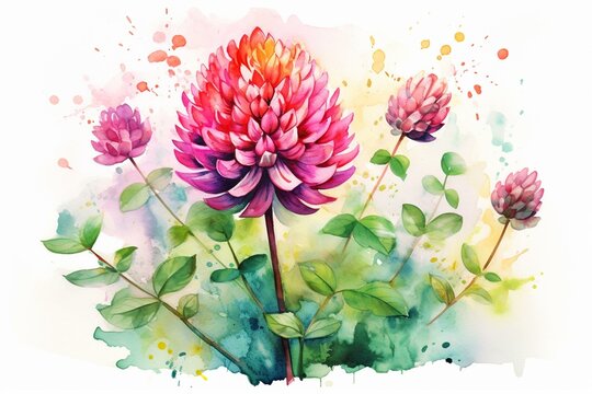 Watercolor illustration of a red clover flower in a colorful splash, set against a white background. Generative AI