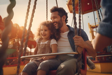 Father and daughter share a joyful moment on a carousel ride