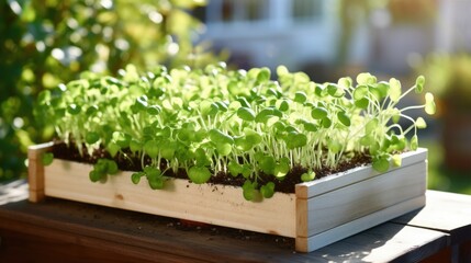 Tray with Microgreens on a modern wooden terrace.