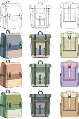 Hand drawn colorfull Vector Set of Backpacks. Cartoon Casual Backpack, cool backpack colorfull. Backpacks Vector illustration. 
