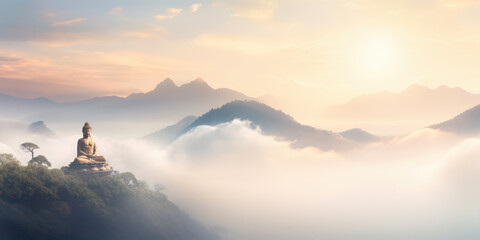 Buddha statue on the mountain with mist and sunrise background.