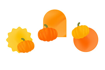 Cute shiny orange yellow pumpkins template, with gradient geometric shapes circle, star, arch for your text or greeting quote. Aesthetic style Halloween, Thanksgiving elements.