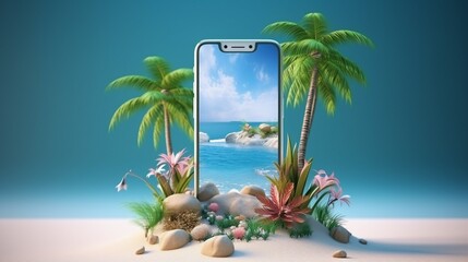 Creative summer beach on smartphone with blue background. 3d rendering
