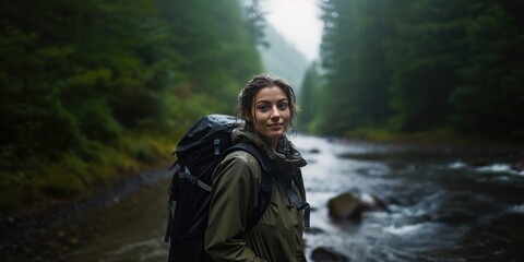 Tense beautiful girl with a large backpack on a mountain hike walks under the streams of rain , concept of Adventure