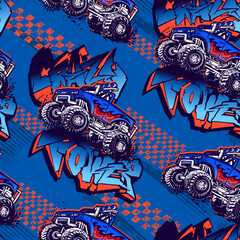 Suv car seamless pattern on chequered flag and arrows repeat background. Big blue car with huge wheel. Street art style slogan and 4x4 car. Endless speed auto print. © Kseniia Koval