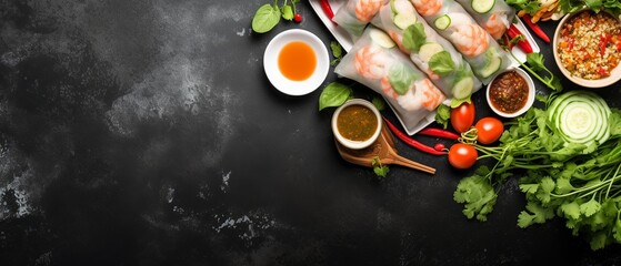 Explore Vietnamese cuisine with a neat flat lay featuring a delightful bowl of pho and fresh spring rolls, providing an inviting empty space for varied use. - obrazy, fototapety, plakaty