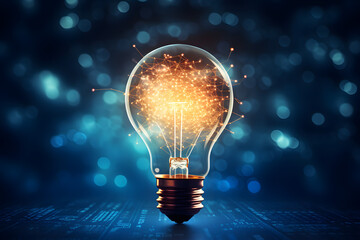 glowing light bulb emits sparkles on a blue bokeh background