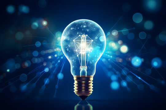 Glowing lightbulb against a digital blue background with radiant lines
