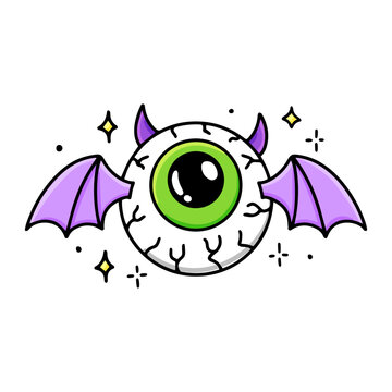Cartoon flying evil bat monster with wings and human eye. Halloween vector illustration. Isolated scary icon on white background.