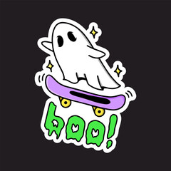 A flying ghost on a skateboard with lettering boo. A skater ghost under a white sheet on a black background. Cute cartoon character. The face on the fabric. Halloween holiday. Fashionable vector.