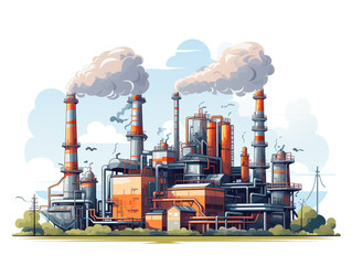 2D flat illustration of a factory area that is operating and releasing gases and smoke that pollute the air.

