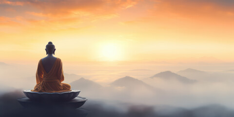 Buddhist monk meditating on the top of mountain at sunset - obrazy, fototapety, plakaty