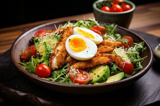 Delicious salad - crispy chicken, avocado, eggs, tomatoes, greens on wood. Generative AI