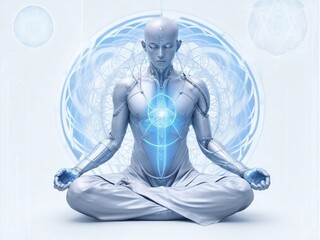 Silver mind cyborg man meditating simple, simple and relaxing
