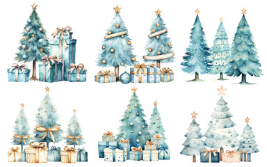 Watercolor Christmas trees with present gift boxes Baby Blue and Soft Peach color vectors