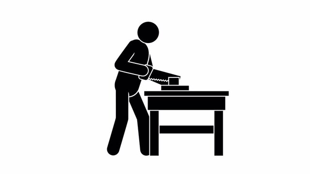 Pictogram of worker working with hand saw on workbench. Handyman with saw - animated stickman. 2D looped animation with alpha channel.