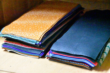 Inden is a unique traditional Japanese technique of painting the deer leather with lacquer. Pieces of leather with pressed design.